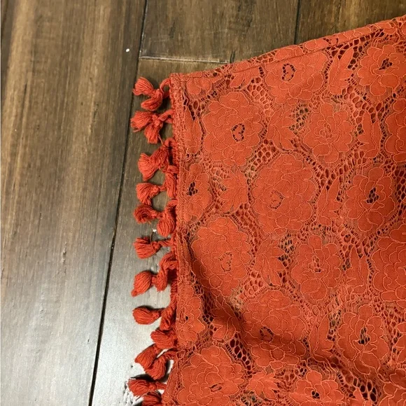 Sz M Rust Orange Lace Kimono Shawl Cardigan Poncho Tassels Poms Front Tie - Picture 6 of 9
